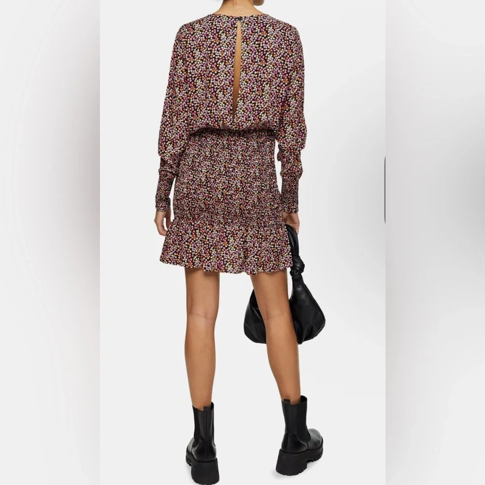 Topshop Floral Bottom Ruched Mini Dress Scoop Neck Long Sleeve Open Back Size 10 - Picture 3 of 9